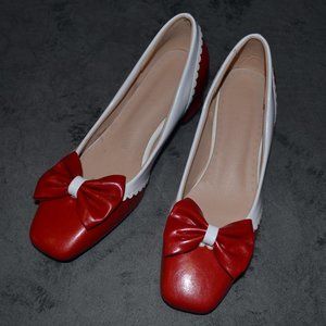 vintage red and white bow heels, 2" heel